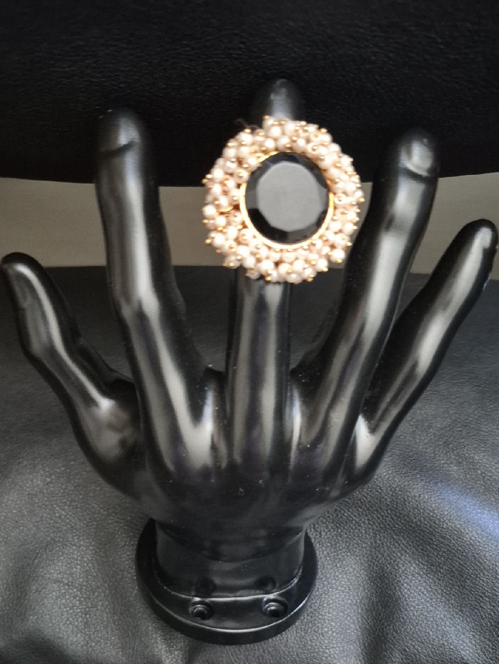 Gold-Tone Black Stone Pearl Cluster Ring - Women Jewelry